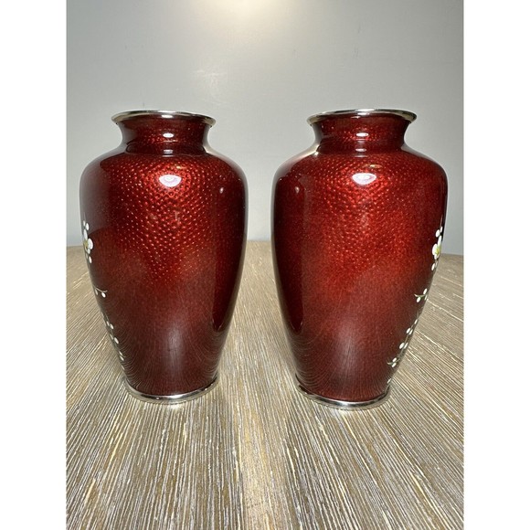 Pair VTG/Antique Japanese Cloisonné Ginbari Vases - Red, Plum Branches Blossoms - Picture 5 of 10